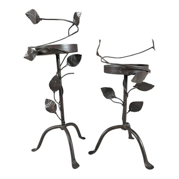 Pair of Wrought Iron Leaf & Vine Plant Stands – Black Metal Garden Decor Used - Picture 3 of 5